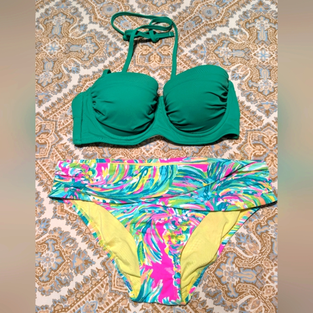 Lilly Pulitzer Swim Set Green Top With Floral Bright Bottom Both Size Medium